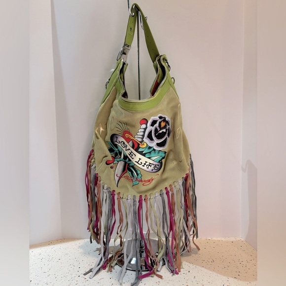Y2K Ed Hardy LOVE Green Leather‎ Suede Fringe Shoulder Handbag with Crystal Rose - Picture 5 of 15